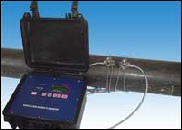 Portable ultrasonic flowmeter with LCD display, analog output (4-20mA) for flow rate, pulse output for flow total, complete with clamp on probes for pipe sizes 10-250mm or 50-2500mm. Fitted in weatherproof ABS transport case.