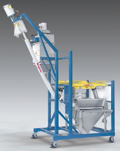 Mobile Half-Frame Bulk Bag Discharger Has Manual Dump Station, Flexible Screw Conveyor